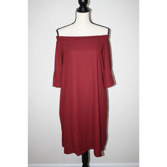 Goldspark Women's Medium Burgundy Dress Pockets Off the Shoulder Flare Sleeves - Picture 2 of 11
